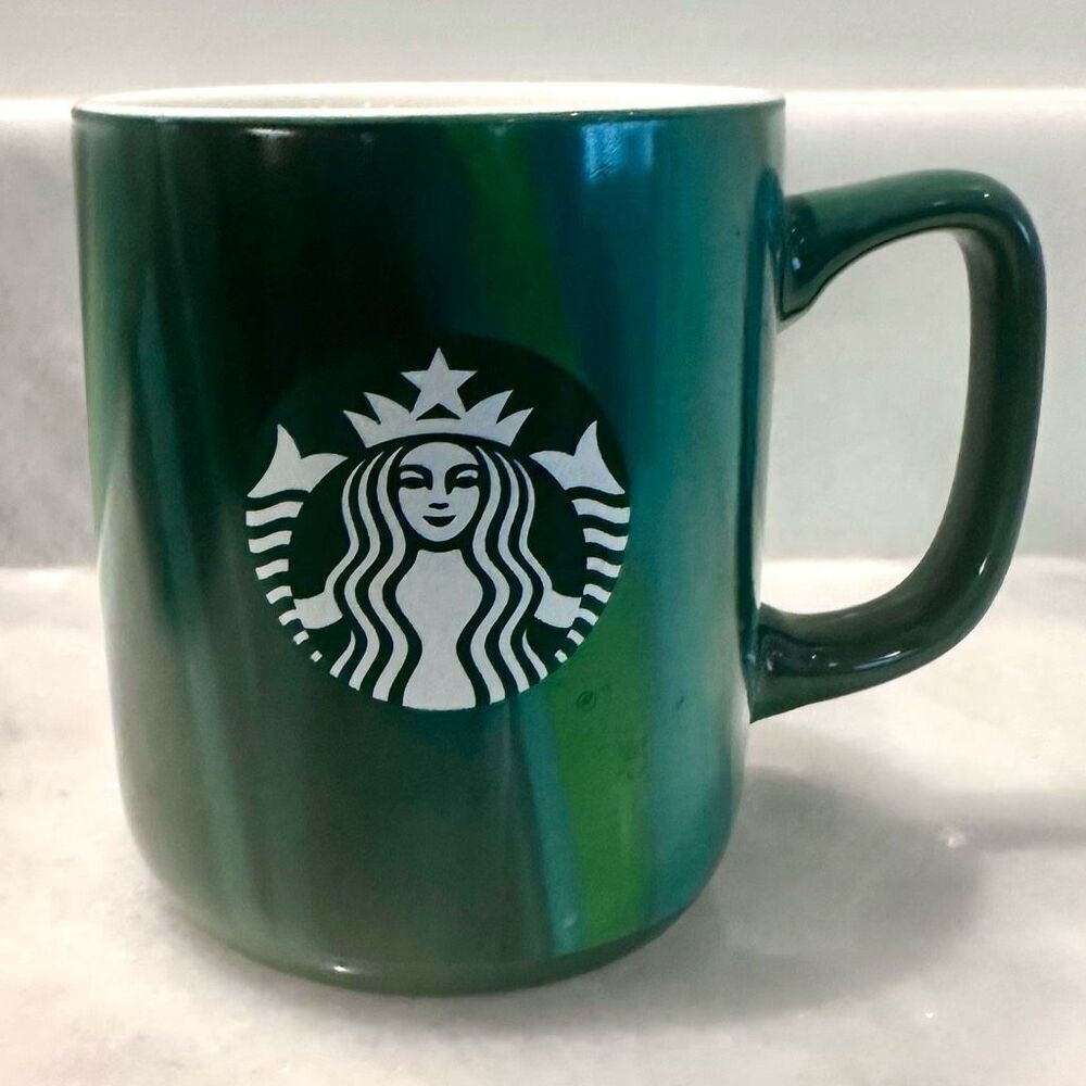 Starbucks Striped Marble Pattern Ceramic Logo Coffee Mug Tea Cup Green 15oz